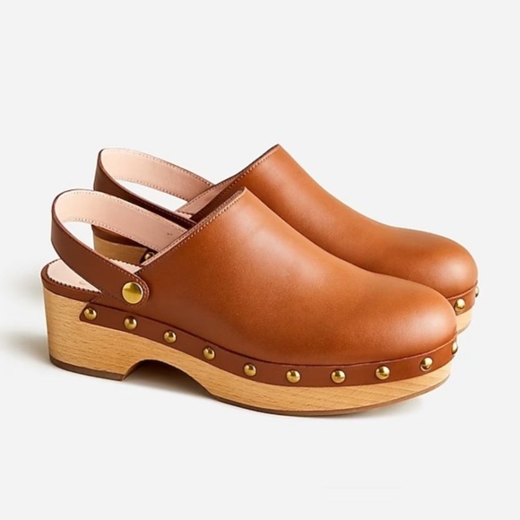 J. Crew Studded Camel Leather Convertible Wooden Clogs - Picture 1 of 12